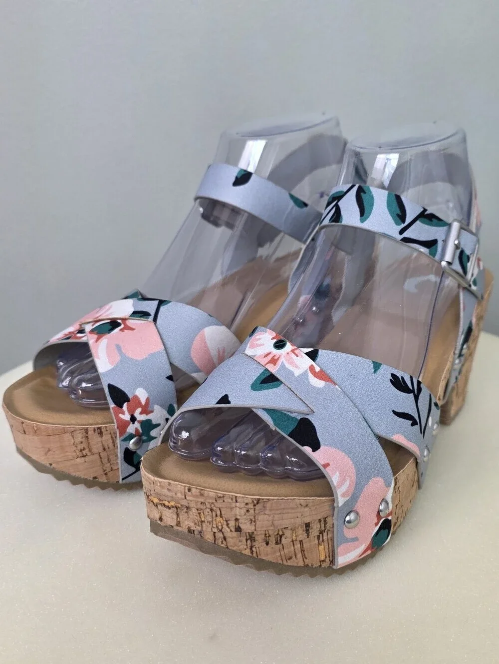 Journee Collection Valentina Floral Platform Sandals Cork Block Heel Sz 7.5 NEW